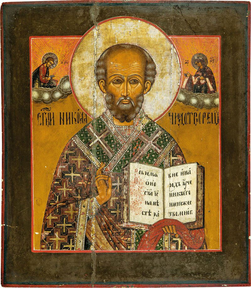 Heiliger Nikolaus von Myra: Heiliger Nikolaus von Myra Russland, 19. Jh. Verbund aus drei Nadelholz-Brettern mit zwei Rückseiten-Sponki (verloren). Eitempera auf Kreidegrund, partielle Vergoldung. Halbfigürige Darstellung des