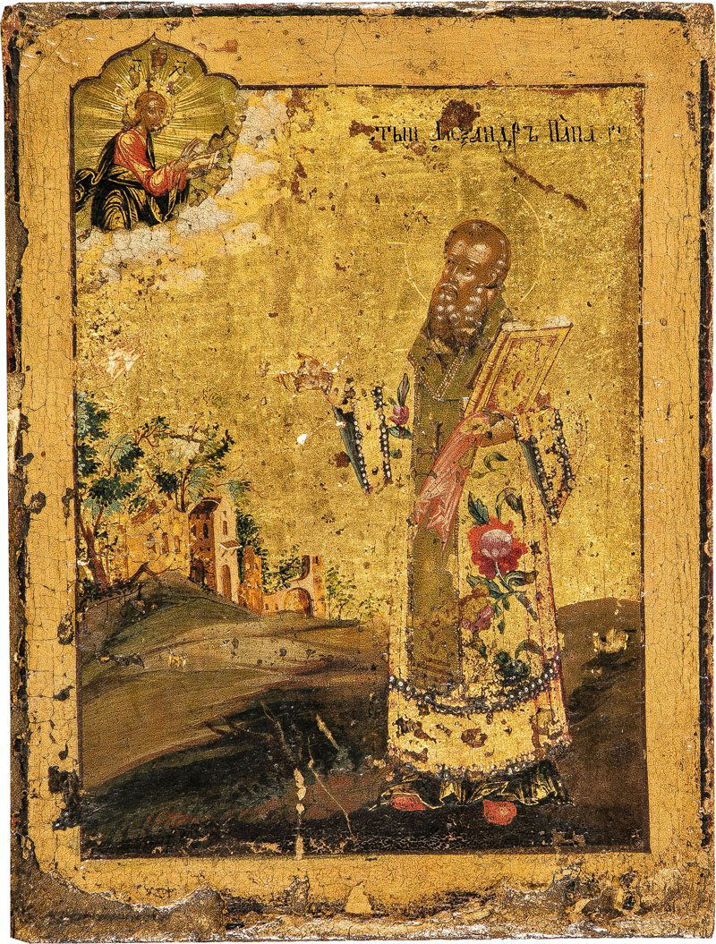Heiliger Alexander: Heiliger Alexander Russland, Ende 18. Jh. Tempera auf Kreidegrund auf Goldfond auf Holz. Ganzfigurige Darstellung des Heiligen. Sein Blick schweift nach oben in Richtung des segnenden Jesus Christus.