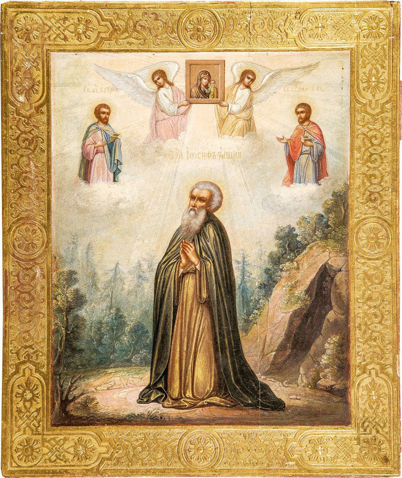 Heiliger Josef von Wologda: Heiliger Josef von Wologda Moskau oder Mstera, um 1900 Verbund aus drei Lindenholztafeln mit zwei Rückseitensponki. Tempera auf Kreidegrund, Konturritzungen. Ganzfigurige Darstellung des Heiligen in