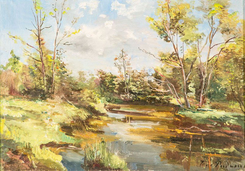 Tatjana Radimova: Tatjana Radimova geb. 1916 in Kasan Flusslandschaft im Frühling. Öl auf Leinwand. Rechts unten sowie rückseitig in Kyrillisch signiert. Gerahmt. 34,5 x 50 cm Tatjana Radimova (born 1916 in Kasan).