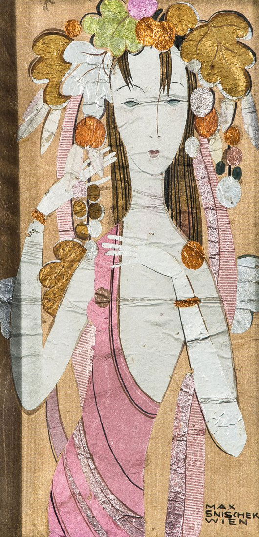 Max Snischek: Max Snischek 1891 Dürnkrut - 1968 Hinterbrühl o.T. Collage mit farbigen Folien auf Karton. Rechts unten signiert. Hinter Glas gerahmt. 34 x 17 cm Untitled. Collage on cardboard. Signed (lower right)