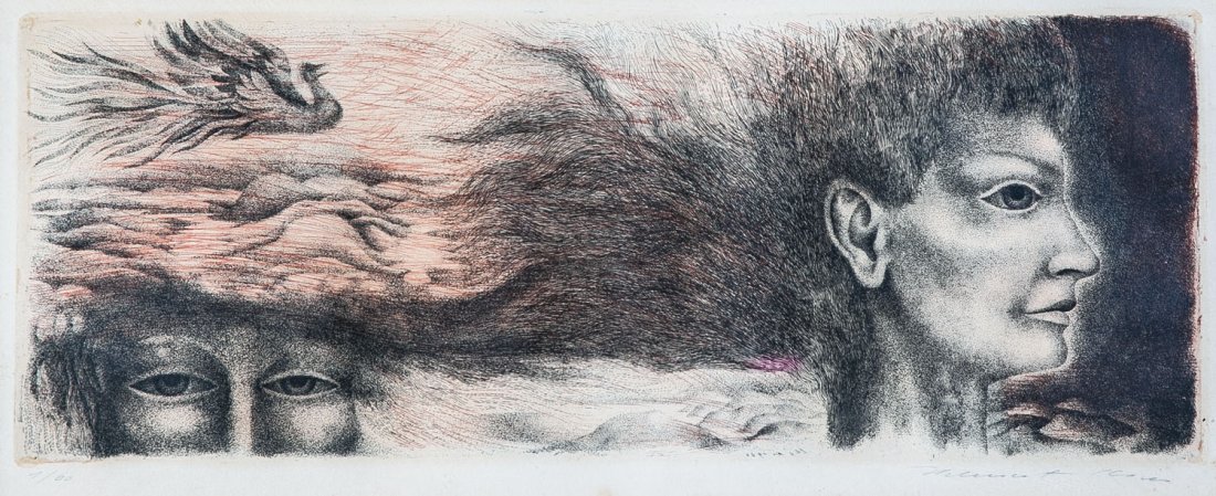 Helmut Kies und Jugendstilgrafik: Helmut Kies und Jugendstilgrafik geb. 1933 Wien Drei Grafiken und eine Zeichnung: u.a. Gesang des Orpheus, 1962 & Emporsteigender Vogel, 1961 (H. Kies). o.T. (Jugendstildame), 1899. Farbradierung, Tus