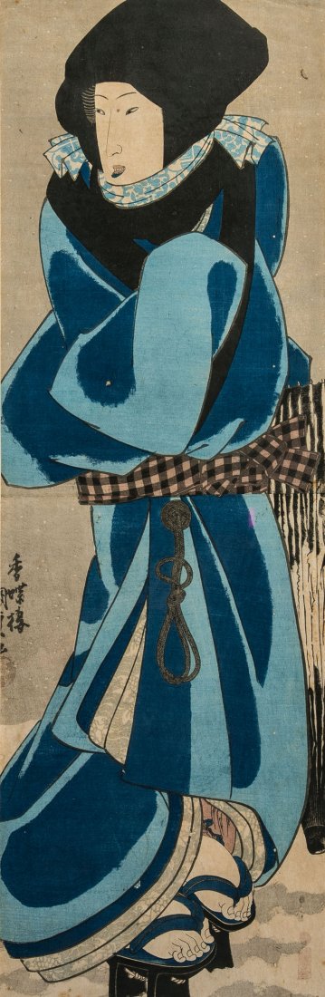 Keisai Eisen: Keisai Eisen Japan, 1790 - 1848 Stehende Bijin. Zwei Farbholzschnitte auf Papier. Teils signiert. Leicht stockfleckig, Reste alter Montierung. Hinter Glas und Passepartout gerahmt. Jeweils ca. 73 x 25