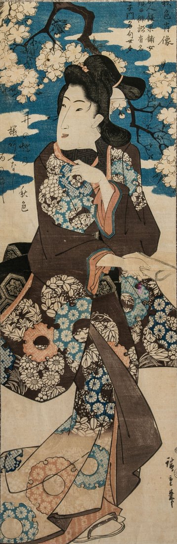 Keisai Eisen: Keisai Eisen Japan, 1790 - 1848 Stehende Bijin im Frühling bzw. Bijin und Samurai in herbstilcher Landschaft. Zwei Farbholzschnitte auf Papier. Teils signiert, ein Blatt mit Siegel. Minimale Knickfal