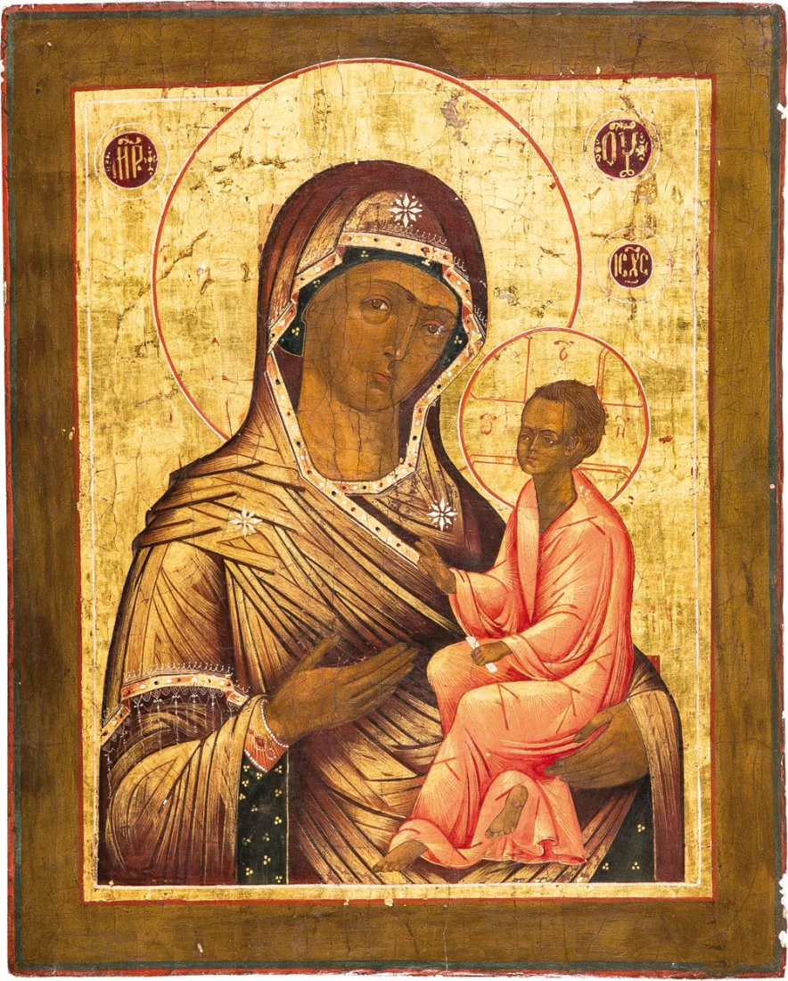 Gottesmutter Tichvinskaja: Gottesmutter Tichvinskaja Zentralrussland, 19. Jh. Laubholz-Einzelbrett mit zwei Rückseiten-Sponki. Eitempera auf Kreidegrund, Hintergrund vergoldet. Fein gemalte, bildfüllende Darstellung der Gotte