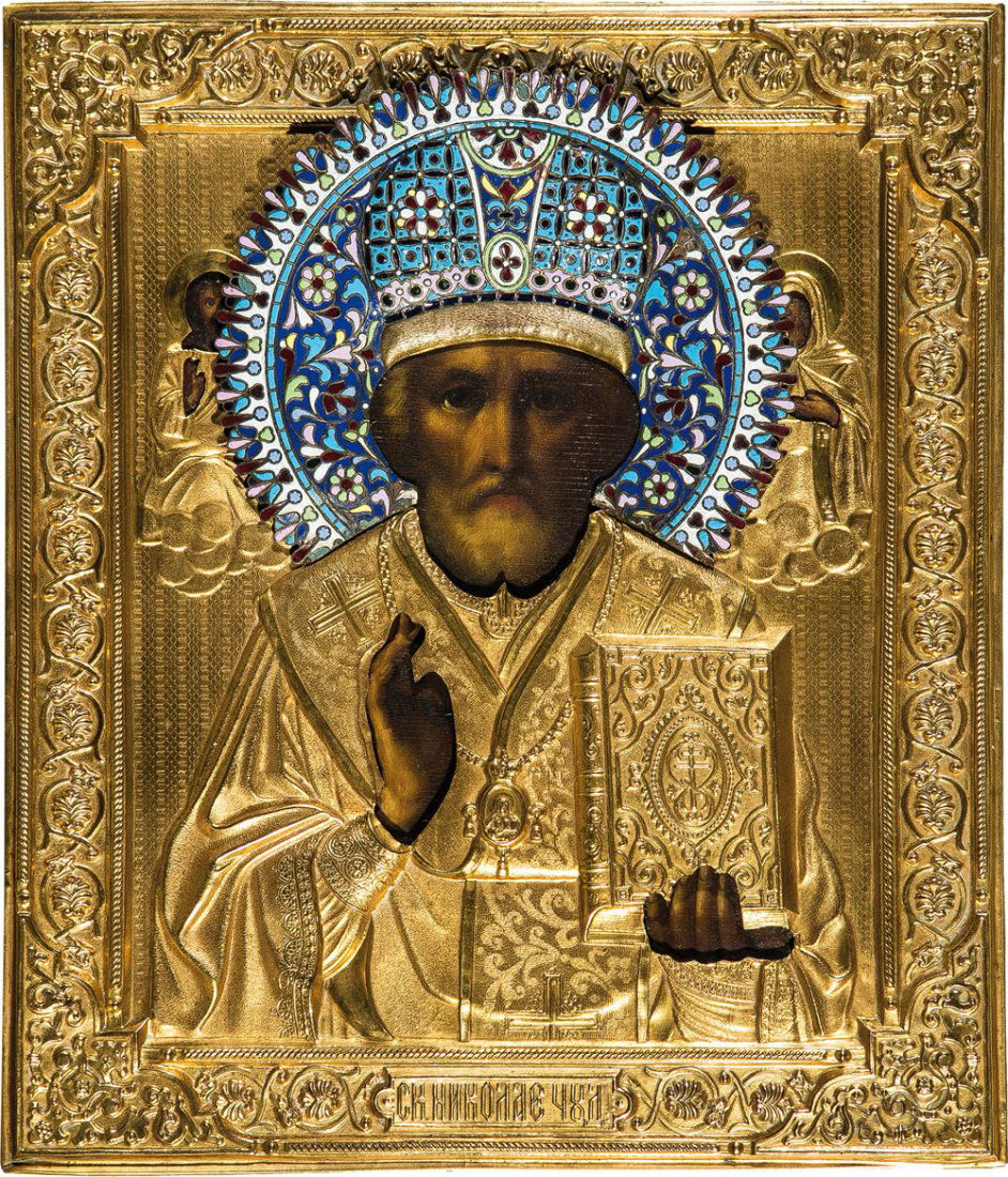Heiliger Nikolaus von Myra mit Basma: Heiliger Nikolaus von Myra mit Basma Russland, um 1900 Öl auf Holz, verso mit Samtabdeckung. Traditionelle Darstellung des Heiligen mit Segensgestus und Evangelium. Auf Kopfhöhe flankieren ihn die G