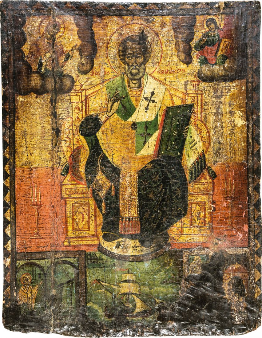 Großformatige Ikone mit dem Heiligen Nikolaus von Myra: Großformatige Ikone mit dem Heiligen Nikolaus von Myra Griechenland, zweite Hälfte 18. Jh. Verbund aus zwei Laubholz-Brettern mit zwei Rückseiten-Sponki. Tempera auf Kreidegrund auf Goldfond. Bildf