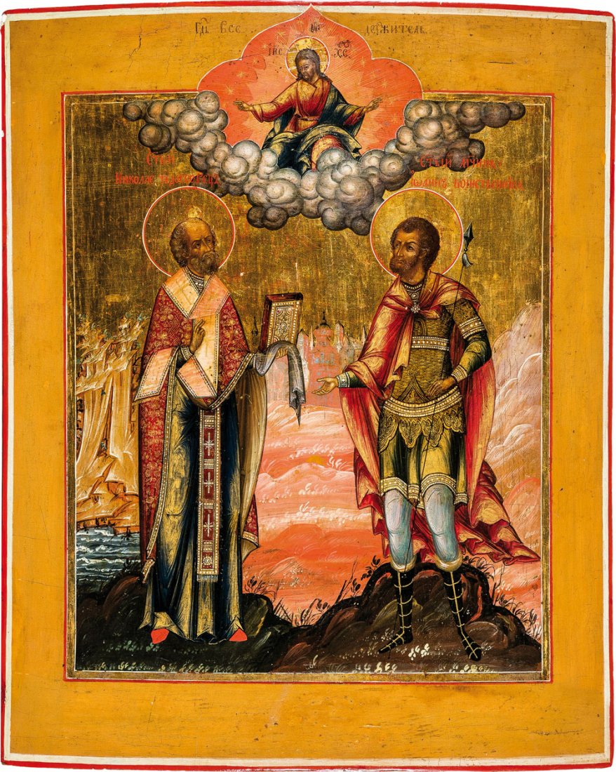 Großformatige Ikone mit dem Heiligen Nikolaus und dem: Großformatige Ikone mit dem Heiligen Nikolaus und dem Heiligen Johannes als Krieger Zentralrussland, Palech, Anfang 19. Jh. Nadelholz-Einzeltafel mit zwei gegenständigen Rückseiten-Sponki (verloren