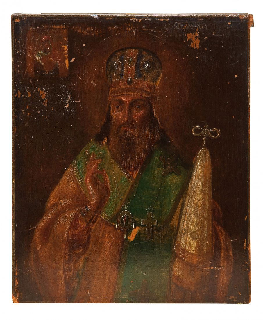 Heiliger Joasaph, Bischof von Belgorod: Heiliger Joasaph, Bischof von Belgorod Ukraine, Ende 19. Jh. Laubholz-Einzeltafel mit zwei Stirnseiten-Sponki. Ölmalerei. Halbfigurige Darstellung des Heiligen, seine Rechte hat er im Segensgestus er