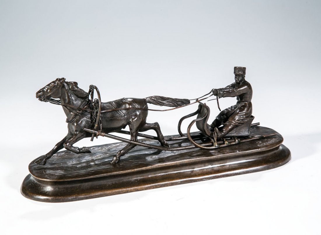 Nach Vasily Grachev: Nach Vasily Grachev Russland, Ende 19. Jh. Schlittenfahrt. Bronze, braun-golden patiniert. Pferdeschlitten auf naturalistischer Plinthe, kyrillisch bezeichnet ''LEP GRACHEV'' und ''FAB. K.F.WOERFFEL S