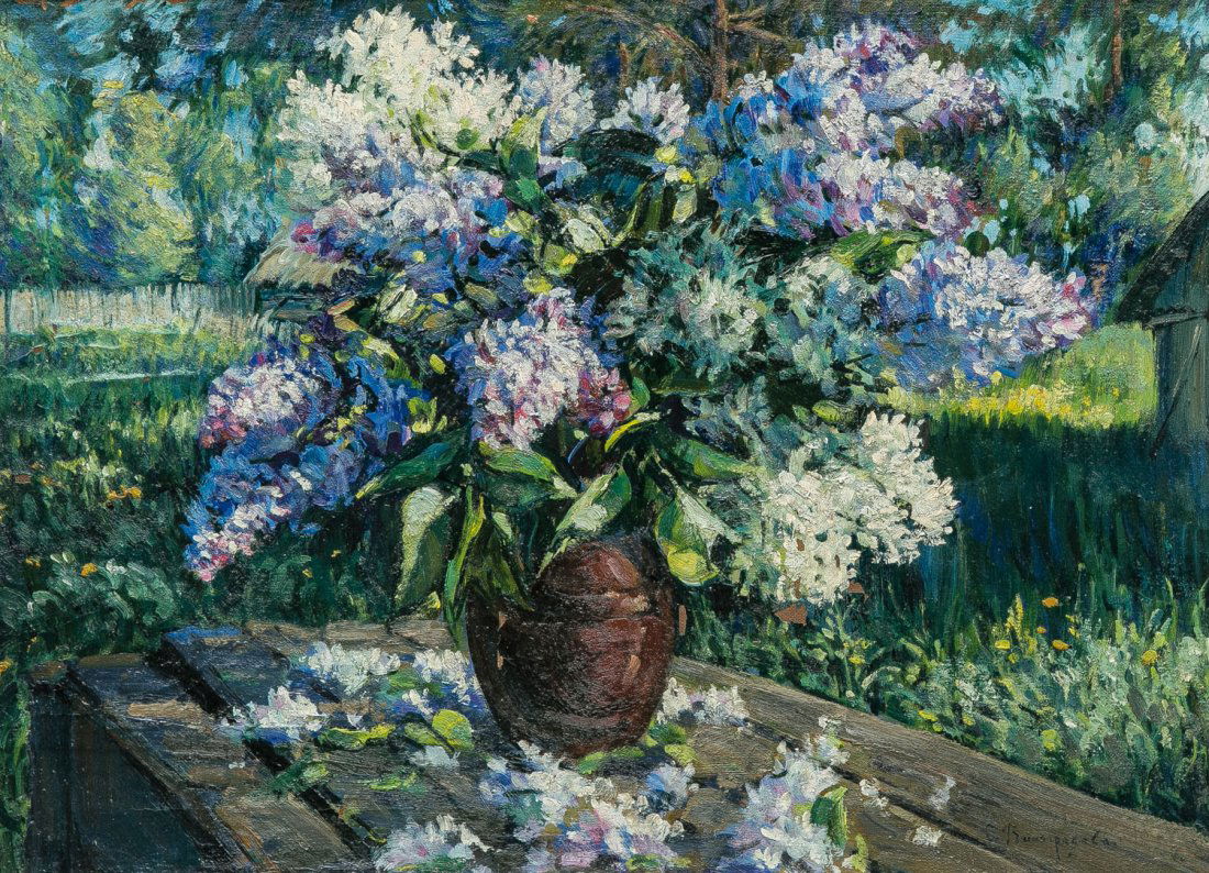 Sergei Arsenjewitsch Winogradow: Sergei Arsenjewitsch Winogradow 1869 Kostromskaja - 1938 Riga Stillleben mit Flieder an einem Bauernhof. Öl auf Leinwand. Rechts unten in Kyrillisch signiert. Farbverlust, min. rest. Gerahmt. 51,5 x