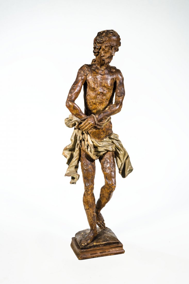 Schmerzensmann: Schmerzensmann Johann Franz Schwanthaler, Ried (zugeschr.), um 1740 Vollplastisch in Holz sehr fein geschnitzt, spärlich gefasst, Lendentuch ursprünglich weiß bemalt. Die überaus schlanke Gestalt 