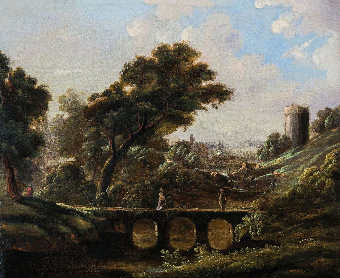 Landschaftsmaler: Landschaftsmaler Deutsche Schule, 19. Jh. Arkadische Landschaft. Öl auf Leinwand, doubliert, craqueliert, rest. Gerahmt. 51 x 61 cm Arcadian landscape. Oil on canvas, laid down on canvas, restored. F