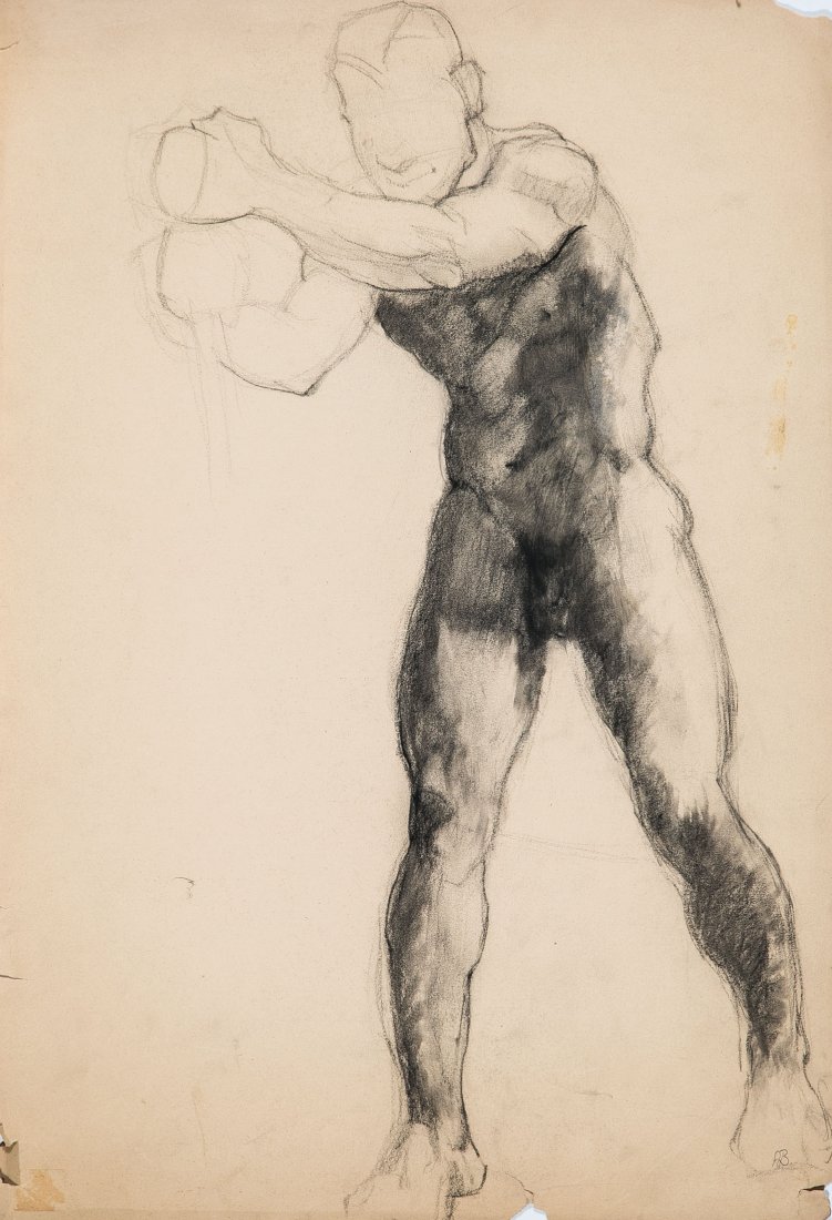 Arno Breker: Arno Breker 1900 lberfeld - 1991 Düsseldorf Drei männliche Aktskizzen. Bleistift und Kohle auf Papier. Ein Blatt bez. ''AB''. Starke Knickfalten, Ränder rissig. 55,5 x 38 cm Three sketches of meale