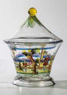 Deckeldose: Deckeldose Josef Hoffmann (Formentwurf), Hilda Jesser (Dekorentwurf), Wiener Werkstätte, 1917 Farbloses Glas mit buntem Transparentemaildekor: Flußlandschaft mit Figuren, Tieren und Bäumen. Konture