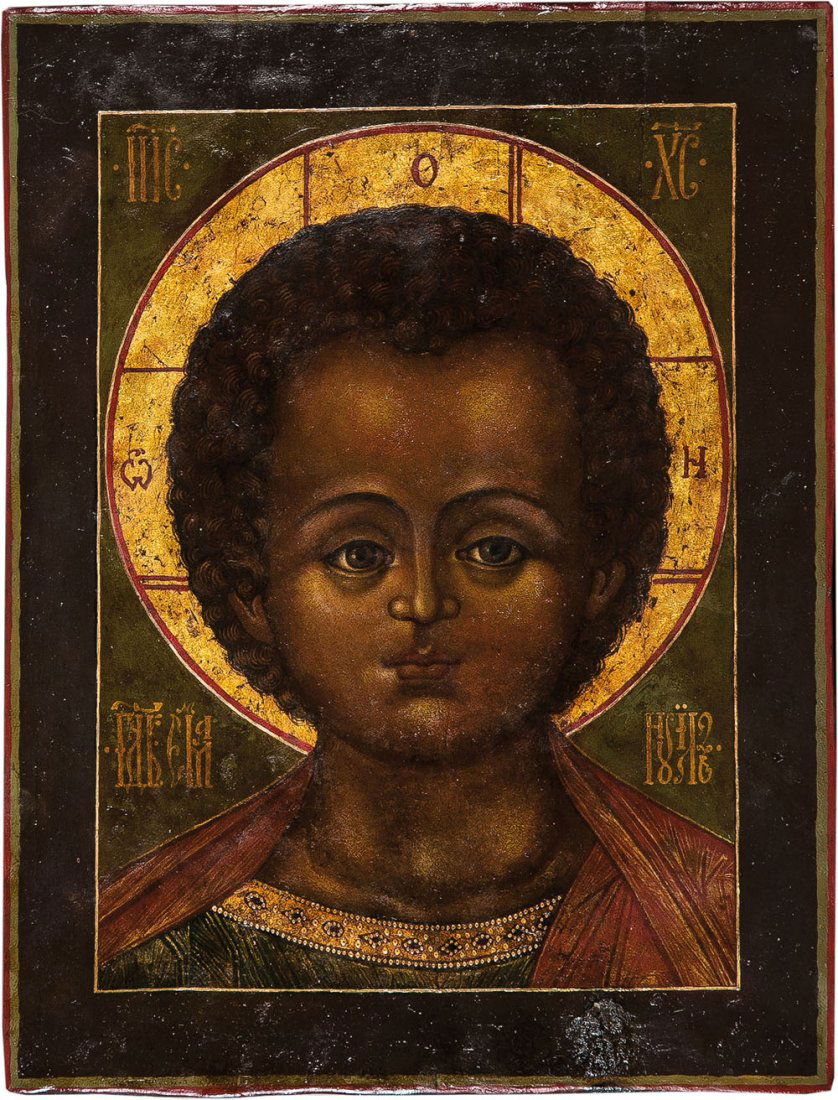 Christus Emanuel: Christus Emanuel Russland, um 1900 Verbund dreier Holzbretter, Tempera auf Kreidegrund, Nimbus vergoldet. Bildfeldfüllendes Portrait des jungen Christus Emanuel. Fein modellierte Gesichtszüge. 27 x