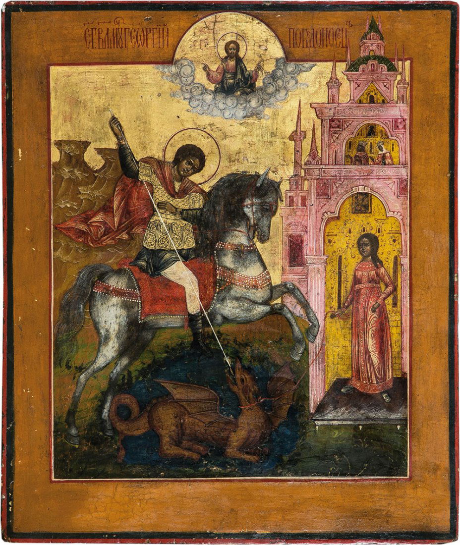 Heiliger Georg der Drachentöter: Heiliger Georg der Drachentöter Russland, Ende 18. Jh. Laubholz-Einzeltafel mit zwei Stirnseiten-Sponki. Tempera auf Kreidegrund, Hintergrund vergoldet. Konturritzungen. Feine Darstellung des Heilige