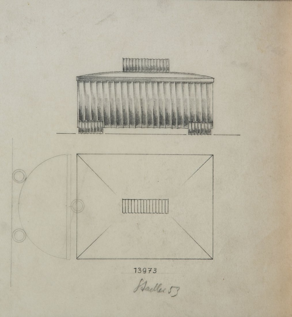 57 Werkstattzeichnungen: 57 Werkstattzeichnungen Heilbronn, Firma Bruckmann & Söhne, 1930- 1965 Bleistift und Tinte auf Pergamentpapier. Auf- und Grundriss-Zeichnungen verschiedener Silberobjekte mit Material- und Größenan