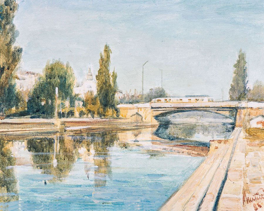 Romul Nutiu: Romul Nutiu 1932 Bihor/Rumänien - 2012 Rumänien Bega-Kanal in Temeswar. 1983. Bleistift, Aquarell und Acryl auf Leinwand. Rechts unten signiert und datiert 19''83''. Gerahmt. 36,5 x 46 cm Canal Bega