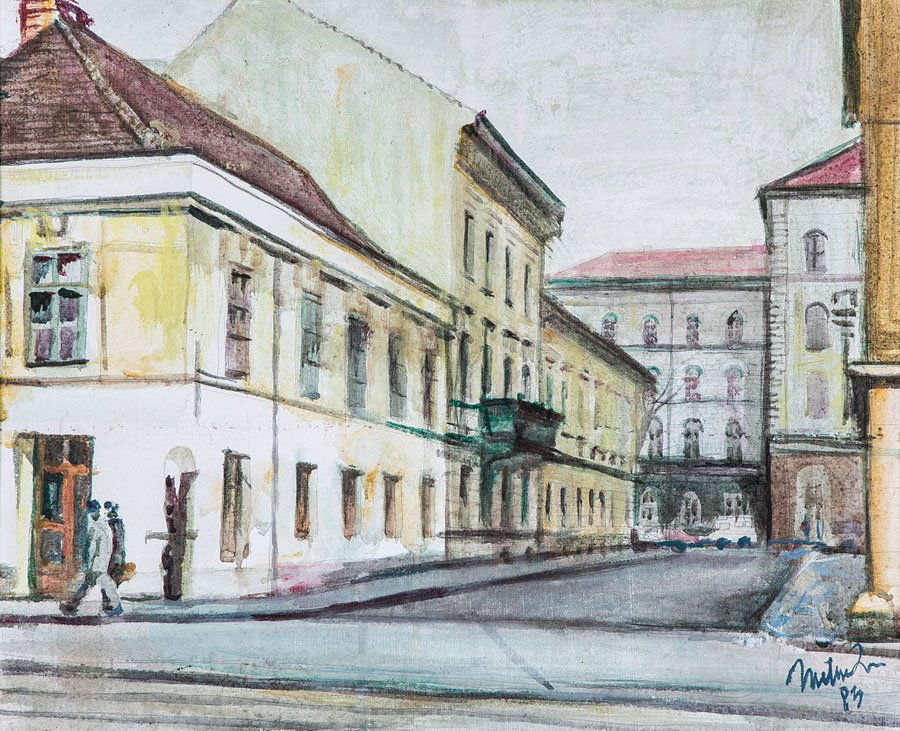 Romul Nutiu: Romul Nutiu 1932 Bihor/Rumänien - 2012 Rumänien Straßenansicht in Temeswar. 1984. Bleistift, Aquarell und Acryl auf Leinwand. Rechts unten signiert und datiert 19''84''. Gerahmt. 36,5 x 46 cm Stree