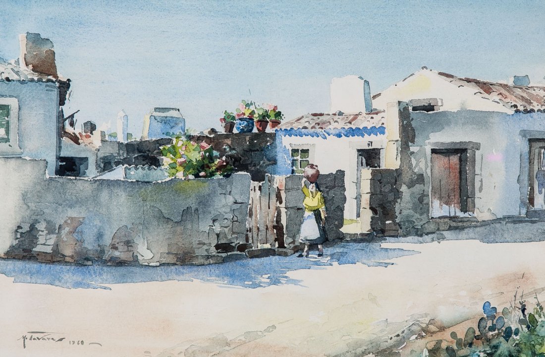 Manuel Tavares: Manuel Tavares Portugal, 1911 - 1974 Vier Zeichnungen: Dorfszenen in Portugal. 1960 und 1959. Aquarell auf Papier. Jeweils links unten signiert und datiert. Hinter Glas und Passepartout gerahmt. 22,5 