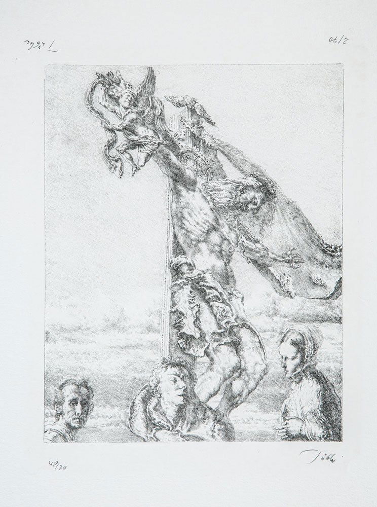 Werner Tübke: Werner Tübke 1929 Schönebeck - 2004 Leipzig o.T. (Kreuzigung). Kreidelithografie auf Bütten. Rechts unten mit Bleistift signiert und links unten nummeriert ''48/70'' sowie auf dem Kopf links oben m