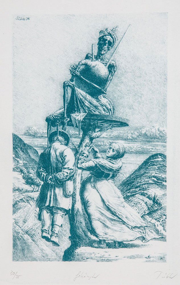 Werner Tübke: Werner Tübke 1929 Schönebeck - 2004 Leipzig Gehängter. 1976. Kreidelithografie auf Bütten. Rechts unten mit Bleistift signiert, mittig betitelt, links nummeriert ''30/35'' sowie links oben im Stei