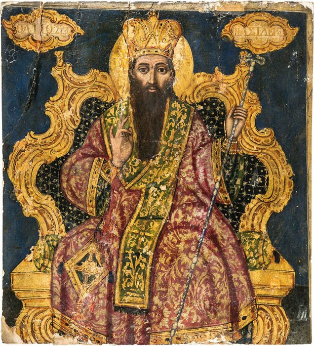 Heiliger Basilius der Grosse: Heiliger Basilius der Grosse Griechenland, 18. Jh. Tempera auf Leinwand auf Holz mit zwei aufgelegten Rückseitensponki. Partiell vergoldet. Bildfüllende Darstellung des bekrönten Heiligen auf einem