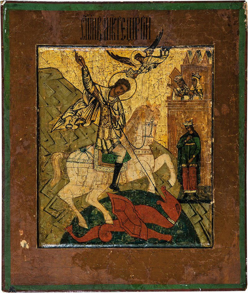 Heiliger Georg der Drachentöter: Heiliger Georg der Drachentöter Südrussland, 2. Hälfte 18. Jh. Massive Einzel-Holztafel mit zwei Rückseiten-Sponki (verloren). Kowtscheg, Leinwand, Lewkas, Tempera, Hintergrund blattvergoldet. Dar