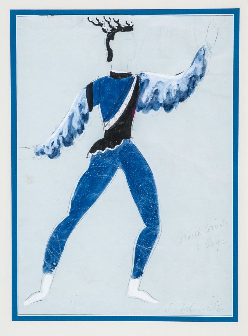 Sophie Fedorowitsch: Sophie Fedorowitsch 1893 Minsk - 1953 London Entwurf eines Theaterkostüms. Aquarell und Tusche auf Papier, gouachiert. Rechts unten mit Bleistift signiert und bez. Leichte Knickfalten und Fehlstelle