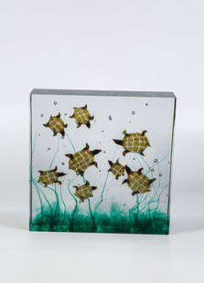 Glasblock mit Schildkršten: Glasblock mit Schildkršten Alfredo Barbini fŸr Pauly & Cie., um 1960 Farbloser Glasblock mit mehrfarbigem Zwischenschichtdekor: acht Wasserschildkršten aus Murrine und Unterwasserflora in mehreren