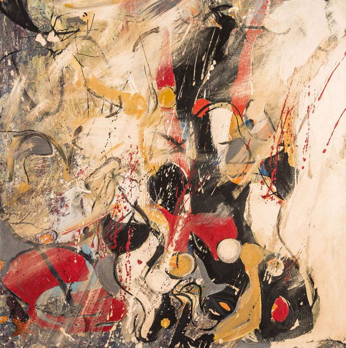 Romul Nutiu: German: Romul Nutiu 1932 Bilbor - 2012 Temeswar Der Tanz - abstrakte Komposition. Mischtechnik auf Leinwand. Signiert rechts unten, mitte und oben. Verso betitelt. 95 x 95 cm English: The dance - abst