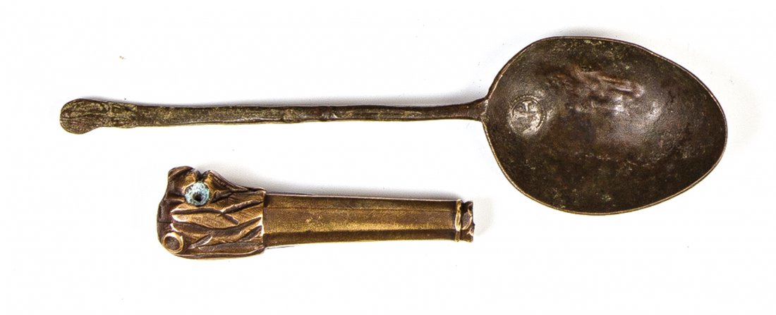 Gotischer MessinglÃ¶ffel und Messergriff in Form eines (1 of 1)