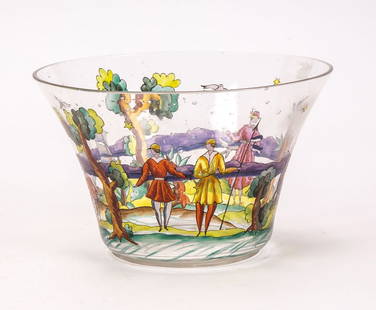 Vase: Vase Hilda Jesser (Dekorentwurf), Wiener Werkstätte, 1917 Farbloses, teils blasiges Glas mit buntem Transparent- und Opakemaildekor: Flußlandschaft mit reicher Figuren- und Tierstaffage. Fußrand be