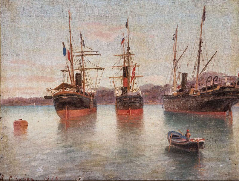 Arsène Chabanian (Attr.): Arsène Chabanian (Attr.) 1864 Sunints/Karin/Armenien - 1949 Paris Drei Dampfschiffe vor der Küste. Öl auf Leinwand, restauriert und minimal beschädigt. Bezeichnet unten links 'A. Chaban.' und dati