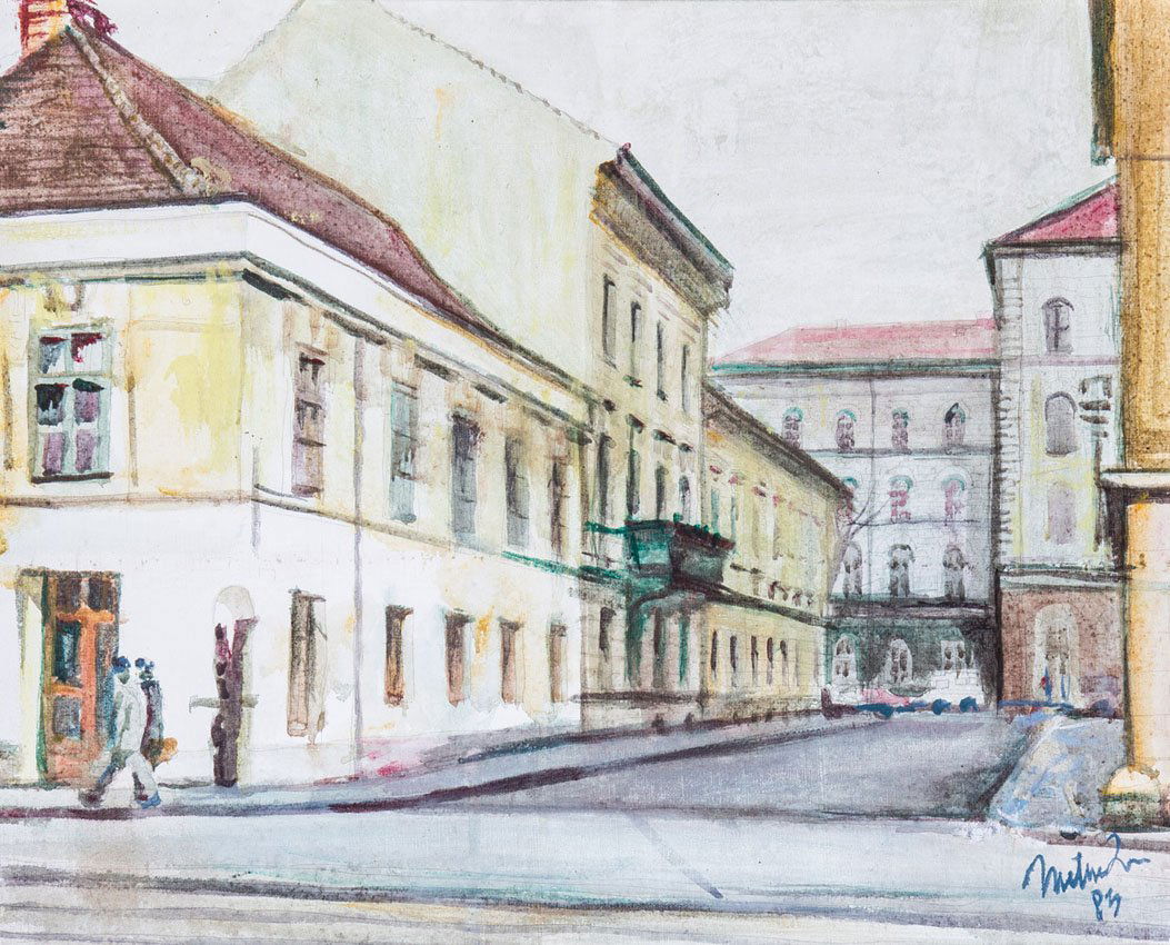 Romul Nutiu: German Romul Nutiu 1932 Bihor/Rumänien - 2012 Rumänien Straßenansicht in Temeswar. 1984. Bleistift, Aquarell und Acryl auf Leinwand. Rechts unten signiert und datiert 19''84''. Gerahmt. 36,5 x 46 c