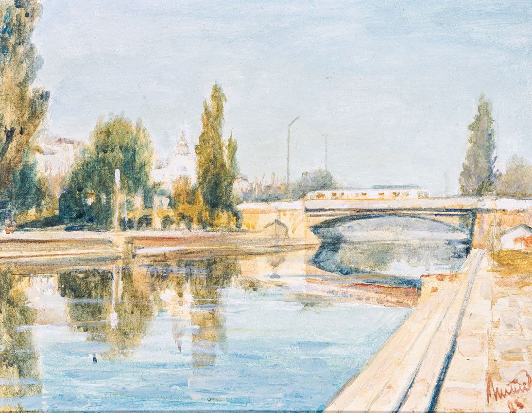 Romul Nutiu: German Romul Nutiu 1932 Bihor/Rumänien - 2012 Rumänien Bega-Kanal in Temeswar. 1983. Bleistift, Aquarell und Acryl auf Leinwand. Rechts unten signiert und datiert 19''83''. Gerahmt. 36,5 x 46 cmGerm