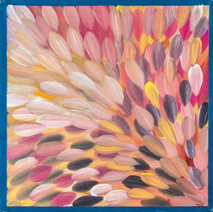 Gloria Petyarre: German: Gloria Petyarre Um 1945 Utopia/Australien ''Bush Medicine Leaves''. Acryl auf Leinwand. Rückseitig bezeichnet und datiert ''2016''. Ungerahmt und ohne Keilrahmen. 85 x 85 cm (Bildmaß 76 x 76