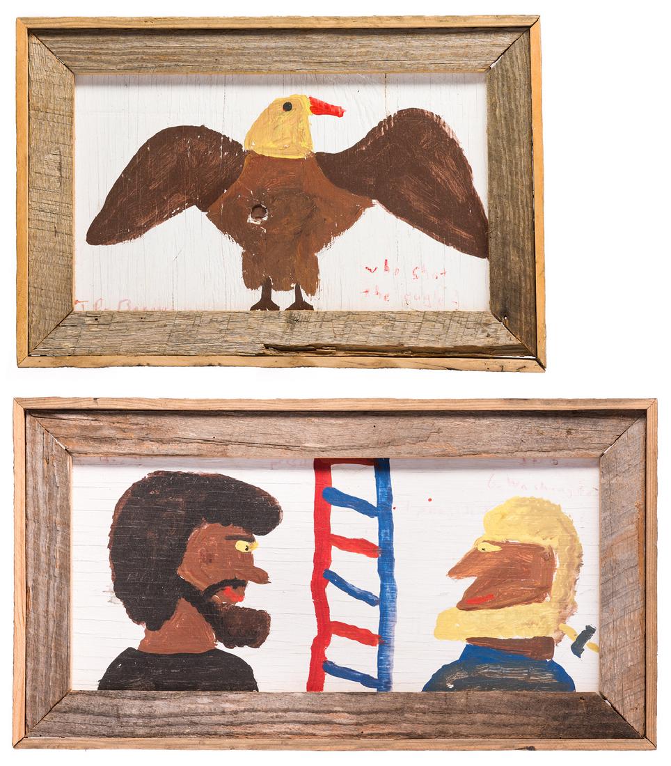 2 Robyn Beverland Patriotic Folk Art Paintings: Two (2) Robyn (the Beaver) Beverland (American/Florida, 1957-1998) acrylic on wood/board folk art paintings, one titled "Lincoln & Washington", signed upper left (Sight - 8 1/4" H x 18 1/4" W, Framed