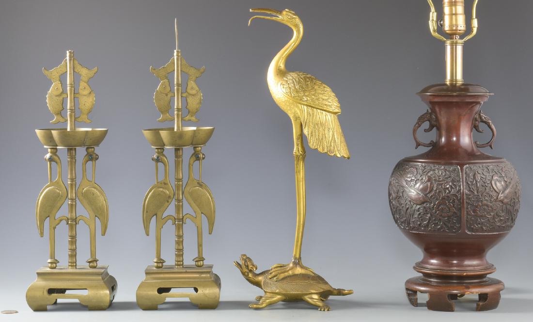 3 Asian Metal Candlesticks and 1 Lamp (1 of 16)
