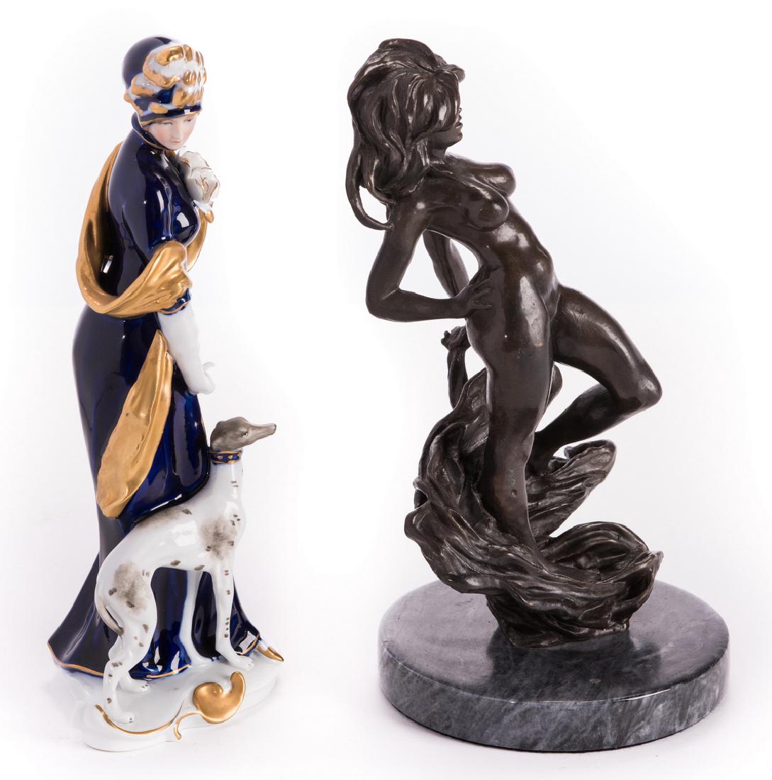 2 Continenetal Female Figures, Bronze & Porcelain: 1st item: Bronze nude female sculpture, signed on the base "Valton" with illegible foundry mark below. Depicted standing atop billowing fabric and mounted on a round marble base. 10 1/4" H x 5 1/4" di
