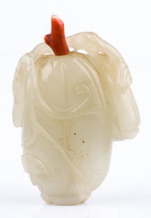 White Jade Carved Melon Snuff Bottle: Chinese white jade snuff bottle, relief carved with melon or other fruit and leaves, 2 1/4" H. Late Qing/early Republic Period. Provenance: Nashville, Tennessee estate. (Additional high-resolution pho