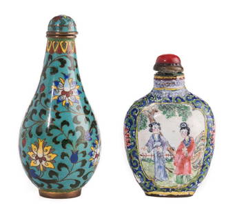 2 Enamel Snuff Bottles, inc. Qianlong: Two (2) Chinese snuff bottles with enamel decoration. 1st item: Cloisonne snuff bottle, Qianlong form with pear shaped body, floral decoration to body and matching lid. 3" H. Possibly 18th century.