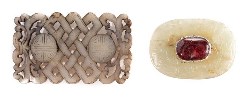 2 Chinese Carved Jade Belt Ornaments: Two (2) Chinese Carved Jade Belt Ornaments. 1st item: Chinese carved grey jade belt ornament, lattice and floral design with double Longevity symbols. 2 3/4" L x 1 5/8" D. 2nd item: Chinese celadon ja