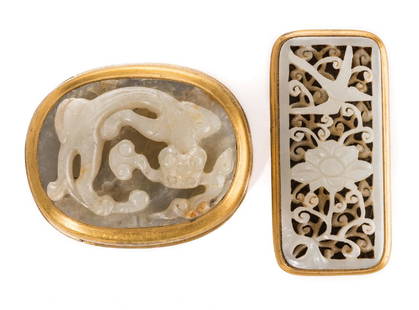 2 Chinese Jade & Gilt Bronze Belt Ornaments: Two (2) Chinese Jade and Gilt Bronze Belt Ornaments. 1st item: Chinese carved celadon jade and gilt bronze belt ornament with chilong dragon motif and pierced foliate decoration to the back. 2 1/2" L