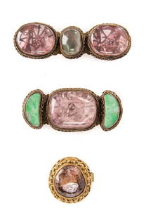 3 Chinese Quartz, Agate & Gilt Bronze Belt Buckles: Three (3) Chinese quartz, agate and gilt bronze belt ornaments, two (2) with pink and green stones inset into filigree and pierced gilt bronze bases, one (1) with single inset stone and raised