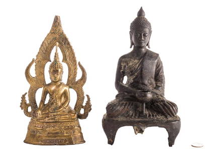 2 Thai Bronze Bodhisattva Figures: Two (2) Thai Bronze Buddha or Bodhisattva figures. 1st item: Thai bronze figure depicted seated with crossed legs, in front of a mounted incense bowl, all atop a tripodal base. 10 3/4" H x 6 1/4" W. 