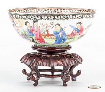 Chinese Fencai Enamel Eggshell Bowl: Chinese Republic Period eggshell or translucent porcelain bowl with black and tan ruyi banded border over a landscape scene with finely painted figures; poem or inscription verso accompanied by three