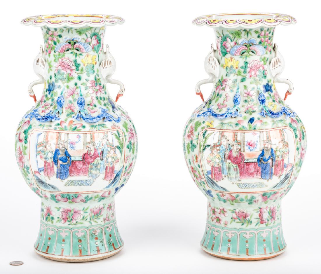 Pr. Chinese Famille Rose Vases w/ Figural Handles (1 of 13)