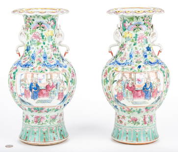 Pr. Chinese Famille Rose Vases w/ Figural Handles: Pair of Chinese Famille Rose Guangxu period porcelain vases, Yen Yen form with shaped Ju-i head rim, figural crane handles, double-chilongs to shoulder, two interior scenes with figures within rectang